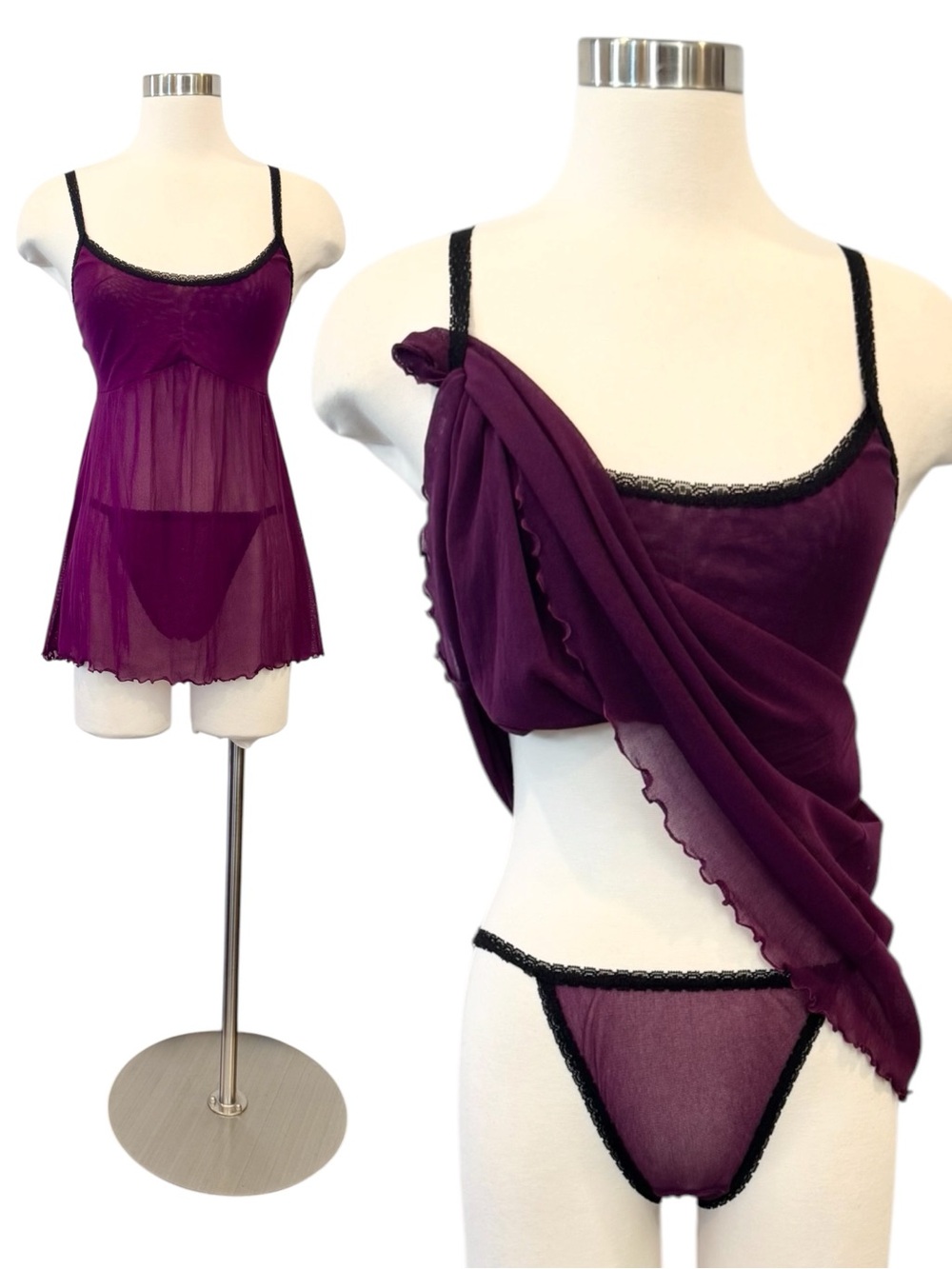 90s Victoria’s Secret Stretch Nylon Micro Mesh Purple Vintage Babydoll 2PC Set